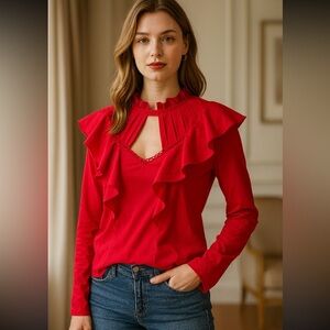 Milk & Honey Red Ruffle Blouse Women’s L Pleated Keyhole Top Romantic Chic